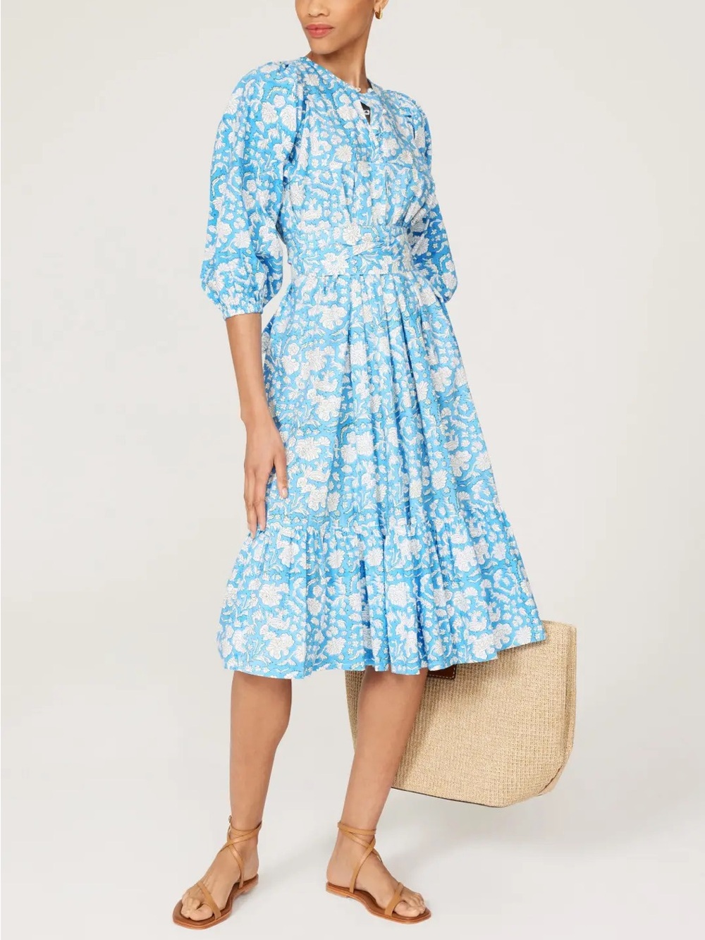 SZ Block Prints Blue White Floral Belted Aaron Dress Sz S